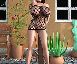 Phụ nữ da ngăm 3d nóng bỏng trong Fishnet Bodysuit cho thấy Tuyệt vời bộ ngực ..