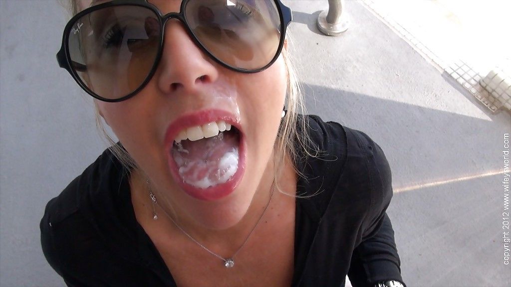 Mature lassie in sunglasses gives a handjob and takes a cumshot on her tongue