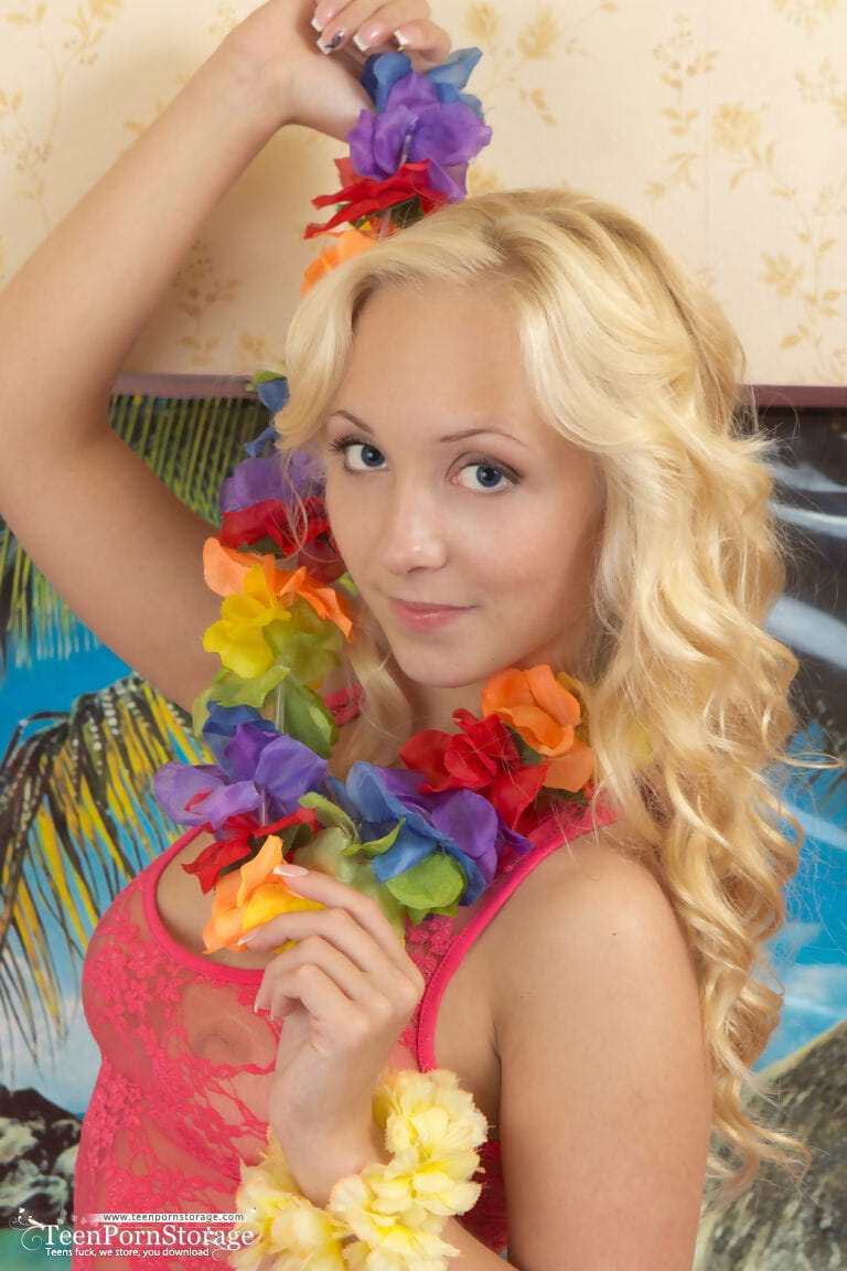 Young blonde girl Linet gets naked after attending a luau